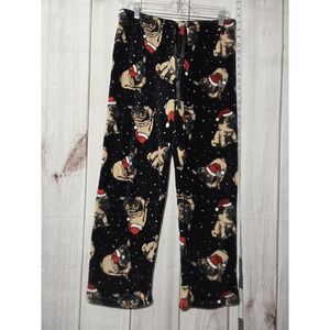 Isotoner Pajama Pants Womens Large Fleece Christmas Pug Dog Santa Soft Cozy
